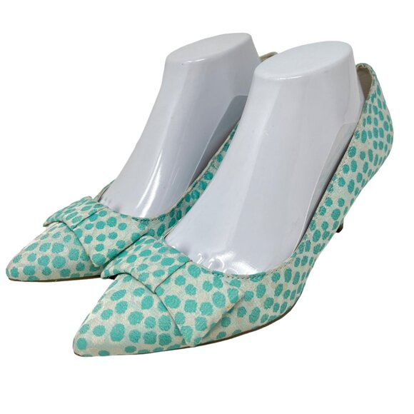 Anne Klein i-flex Fredia Pointed Toe Pump White Aqua Dots Fabric Bow Accent 9M - Picture 1 of 8